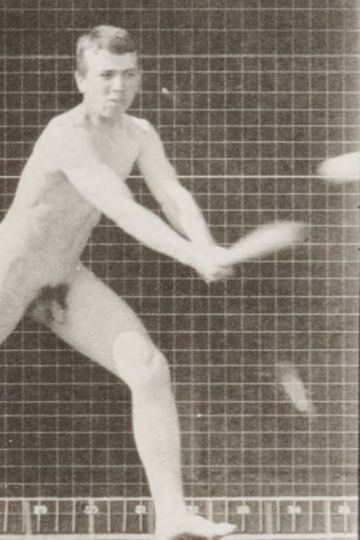 Nude man playing baseball, batting