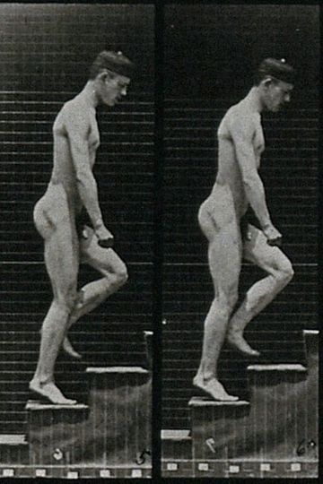 A man walking up stairs